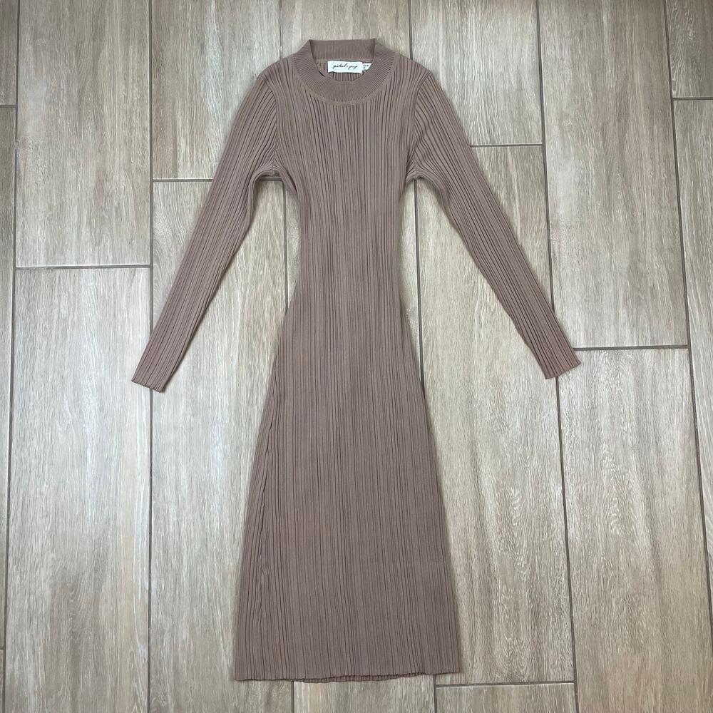 Petal and Pup Milleri Ribbed Knit Open Back Tie Midi Dress Taupe Brown Size 2